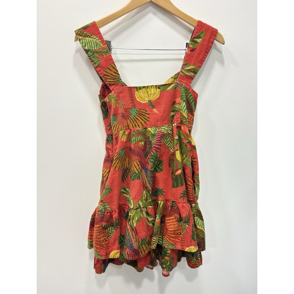 Farm Rio Red Forest Birds Mini Ruffle Summer Spring Dress XS Linen Cute - Picture 5 of 7